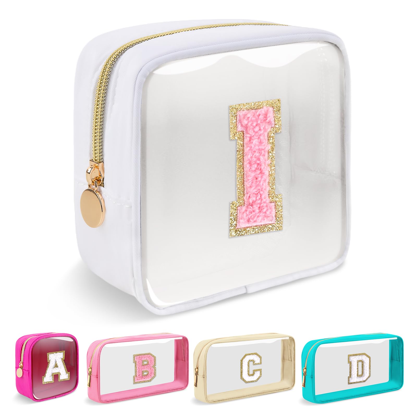 Mini Clear Personalized Initial Makeup Bag, Nylon Preppy A-Z Chenille Letter Patch Zipper Cosmetic Bag, Small Cute Pouch Travel Coin Purse Toiletry Bag, Mini-White, I, Travel