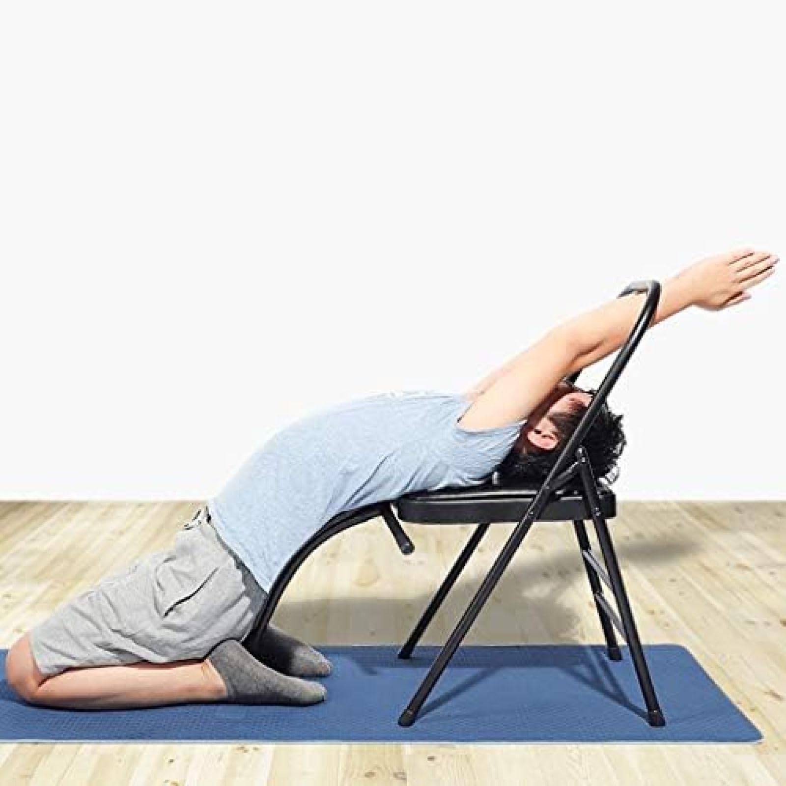 Sedia Yoga Pieghevole con Supporto Lombare, Strumento Ausiliario per Sedia Yoga in Tubo d'Acciaio Rimovibile da 23 Mm, Sedia Yoga con Panca per Inversione del Corpo Bilanciata,Ecopelle Nera,Serene