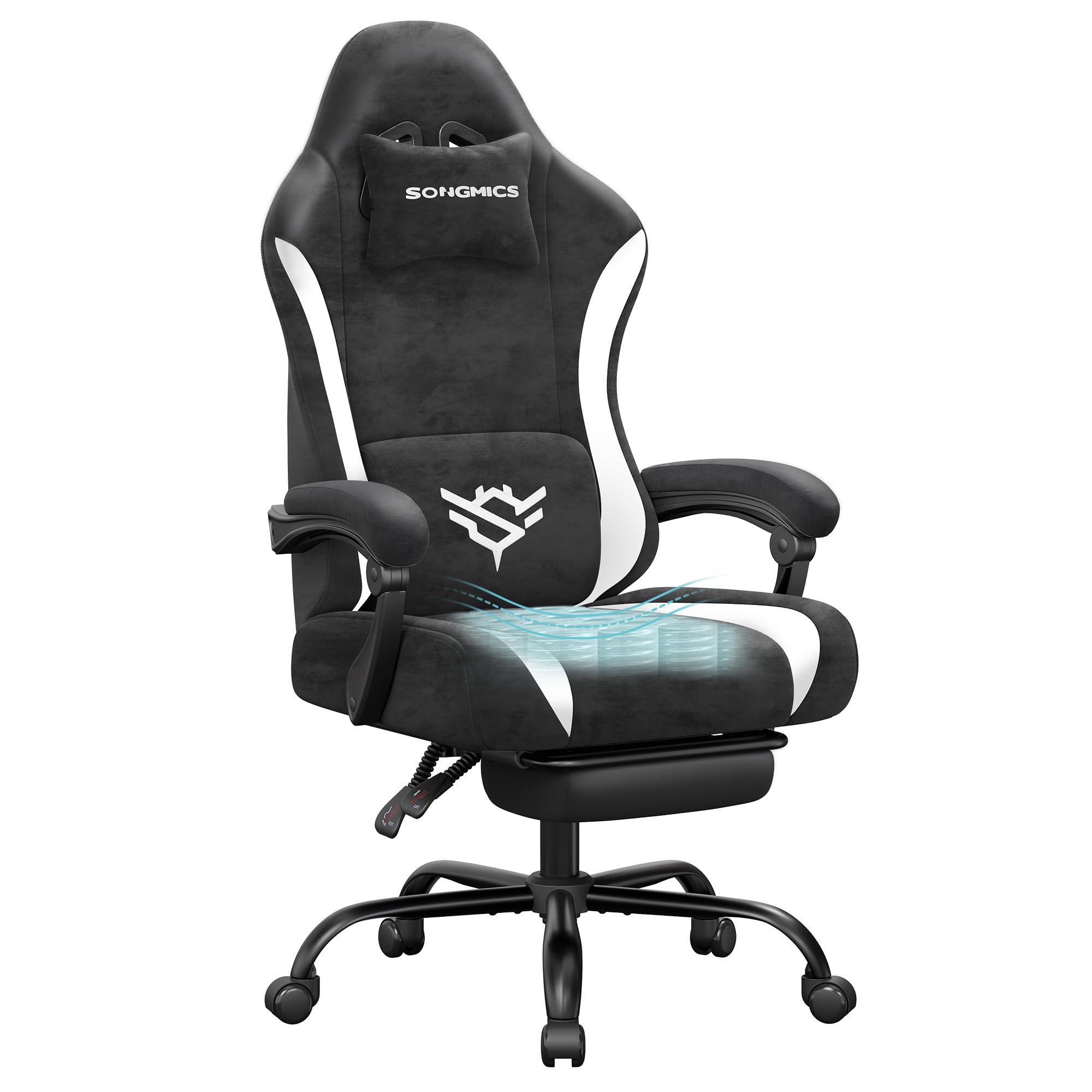 SONGMICS Silla Gaming, Silla de Escritorio Ergonómica de Poliéster, Reclinable 135° con Reposapiés, Soporte Lumbar, 70 x 70 x 120-130 cm, Negro y Blanco, Colección Cathy OBG092BH01