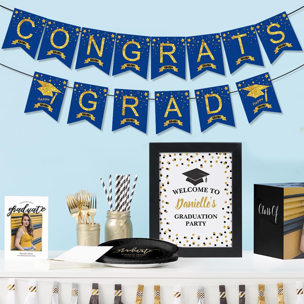 Congrats Grad Banner,Blue and Gold Graduation Hanging Bunting Banner Garland Letter Banner Sign Flag Glitter Grad Cap Garland Party Backdrop for School Class College Graduation Party Supplies - Image 4