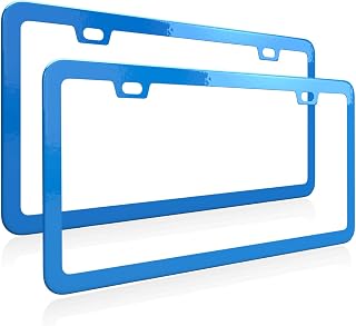 Blue License Plate Frame, Metal Thin Stainless Steel with 2 Holes Screw Cap, 2 Pack (Blue)