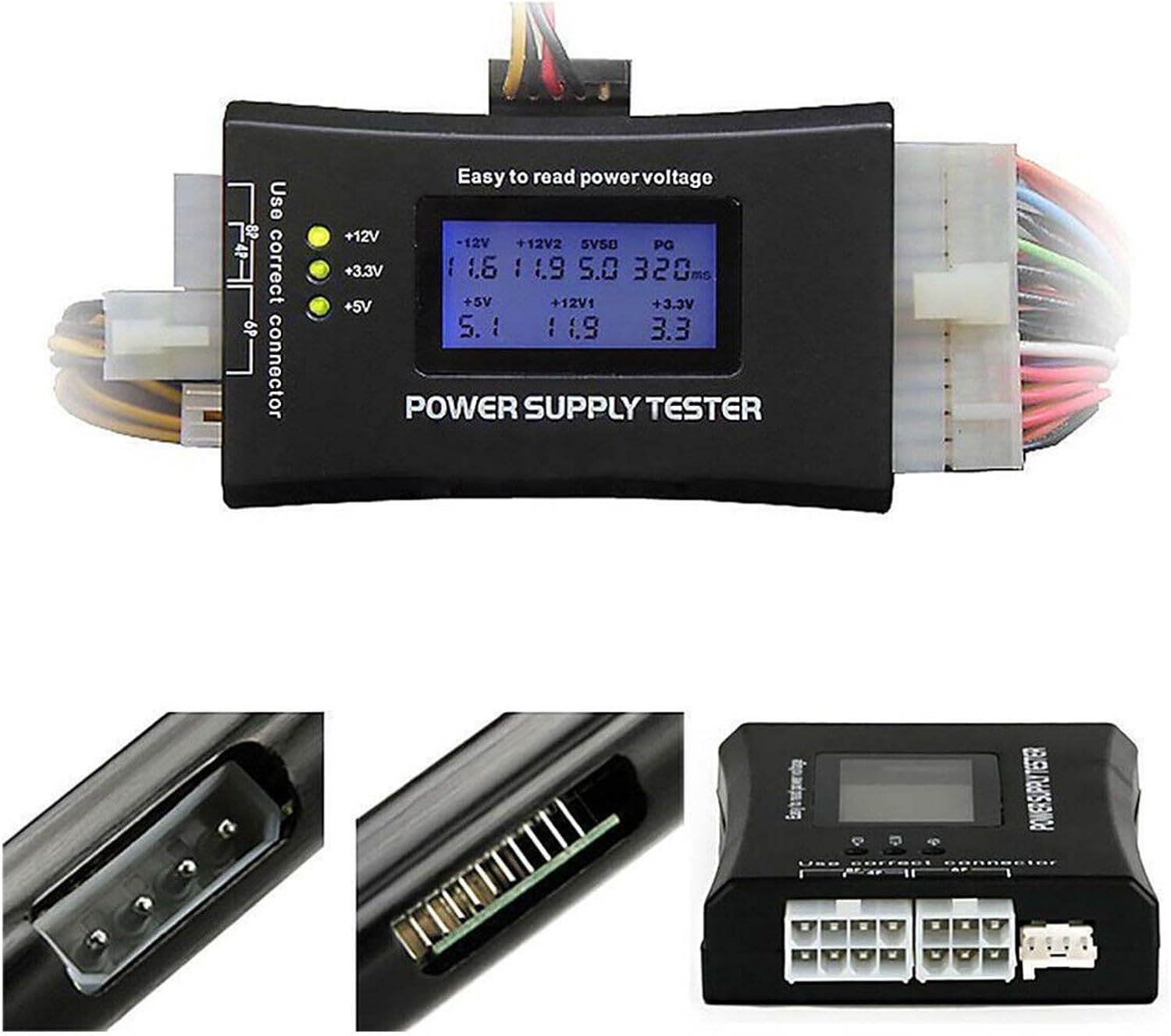 TECKEEN LCD Power Supply Tester connected to multiple cables