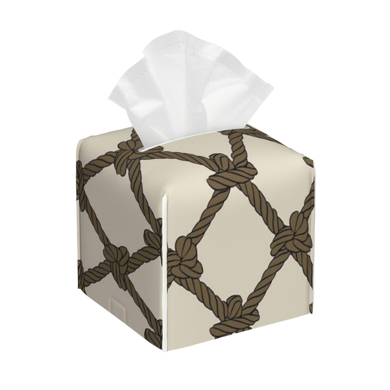 Brown Nautical Net Rope Tissue Box Cover 5" Square Leather Tissue Holder Facial Tissue Case for Tabletop Bedroom Bathroom Desk Decor