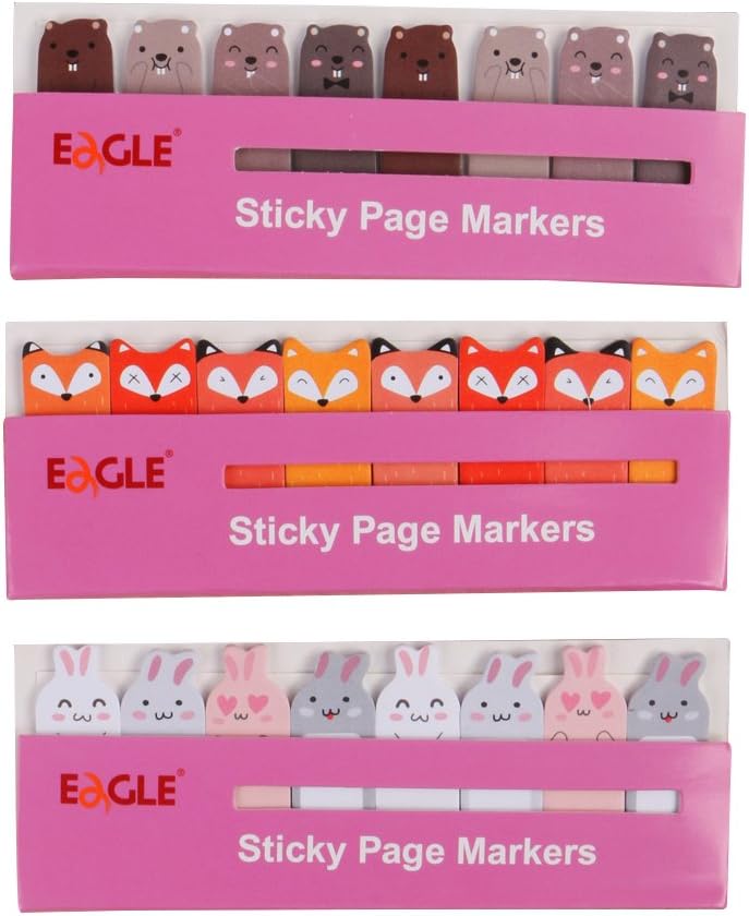 Eagle Cute Cartoon Animal Sticky Notes, Page Markers, 15 Sheets per Pad, 8 Pads per Set, 3 Sets, Total 360 Sheets (Pink)