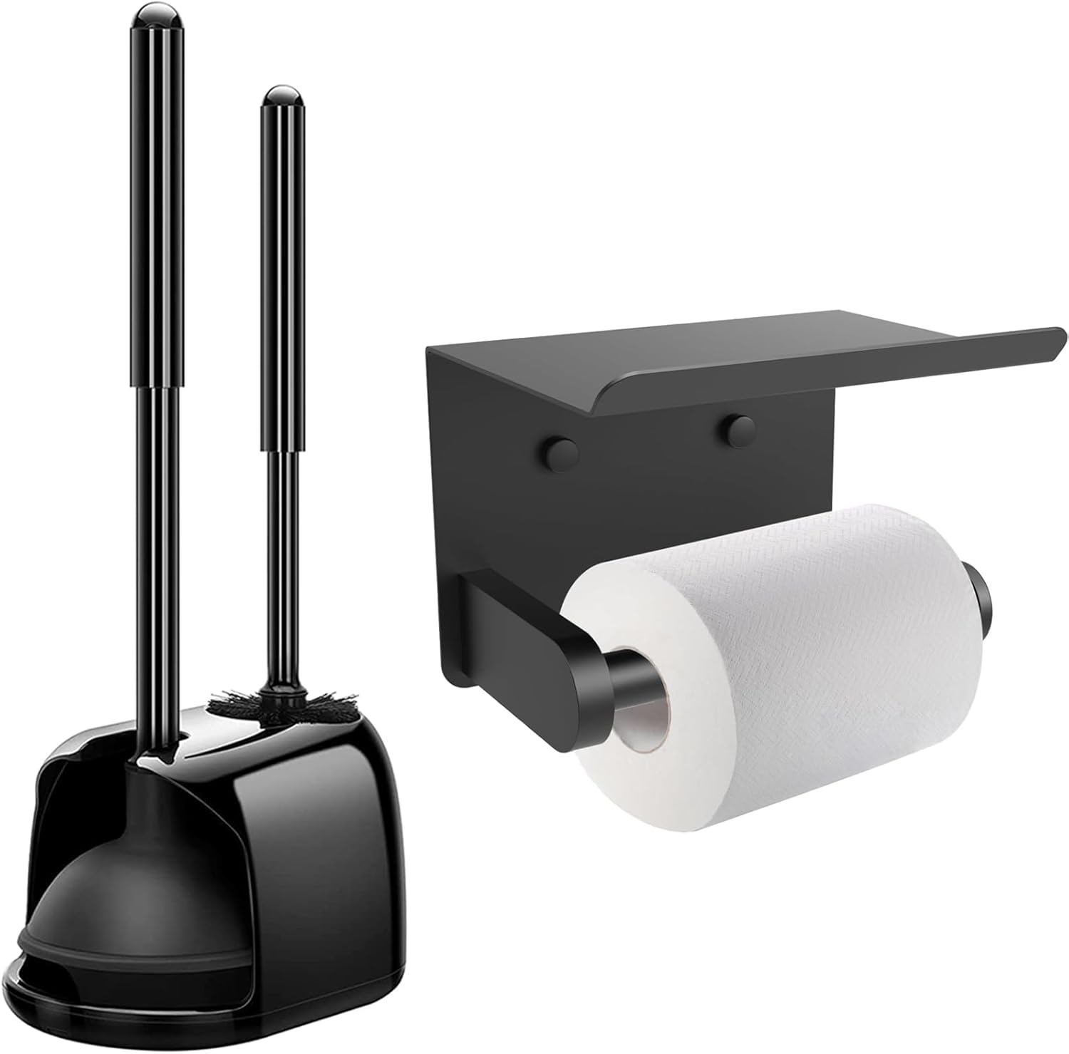 SetSail Toilet Brush and Plunger Set, Toilet Plungers for Bathroom Heavy Duty & Toilet Paper Holder with Shelf Adhesive or Screw