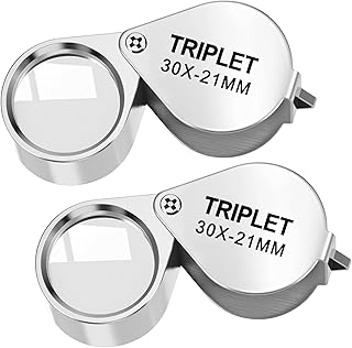 Xindojuz 2 PCS Jewelers Loop Magnifier, Pocket Foldable 30X 21mm Jewelry Eye Small Magnifying Glass Jewelers loupe Magnifier Set for Gems Diamonds Plants Coins Stamps Antiques and More (Silver)