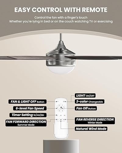 Miniatura 8 de Frstem Ventilador de techo moderno de 52 pulgadas con luz y control remoto, aspas de doble cara nogal o roble gris, 5 aspas de perfil bajo de 6