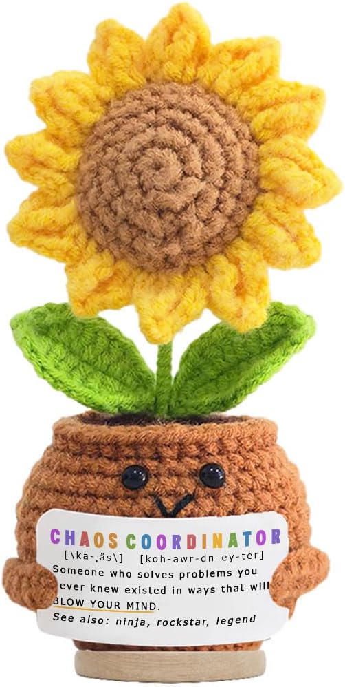 Mini Positive Sunflower Crochet Thank You Gifts for Coworker Teacher Friend Boss Manager, Going Away Retirement Goodbye Leaving Farewell Gift for Women, Chaos Coordinator Gifts, Office Desk Decor