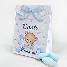 SLIDE Pack of 16 Personalised Favour Boxes with Name, First Birth, Baby Shower, Birthday, Candy Boxes + 6 m Satin Ribbon, Baby Shower Party Blue Bear