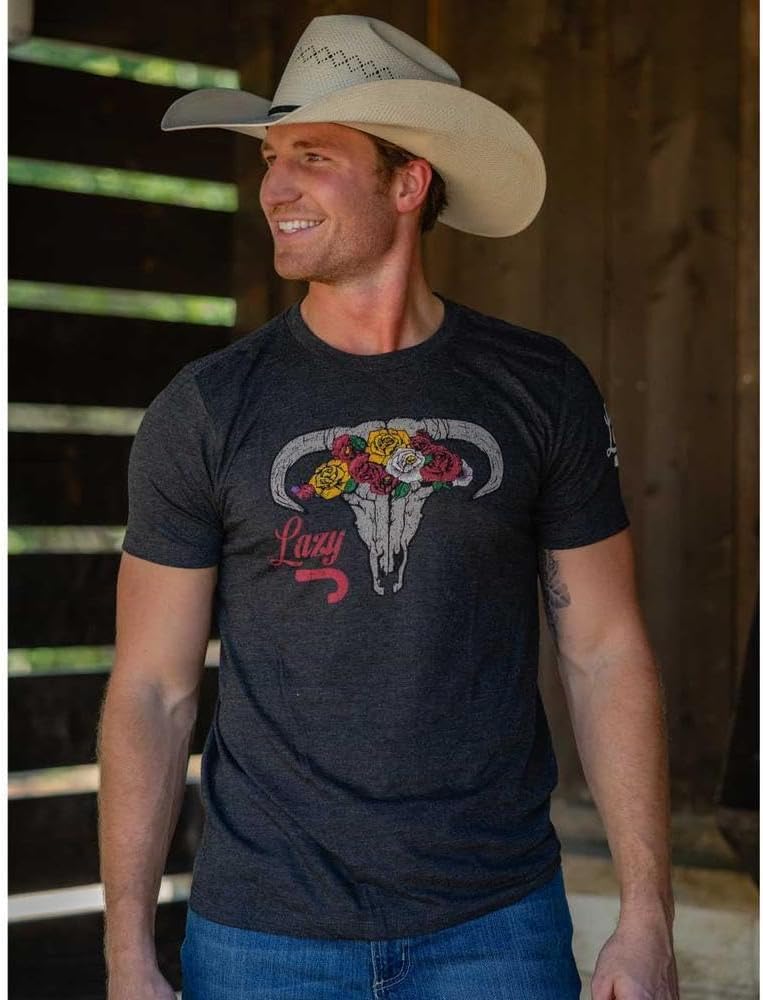 Lazy J Ranch Skull & Flowers Short Sleeve T-Shirt - Grey