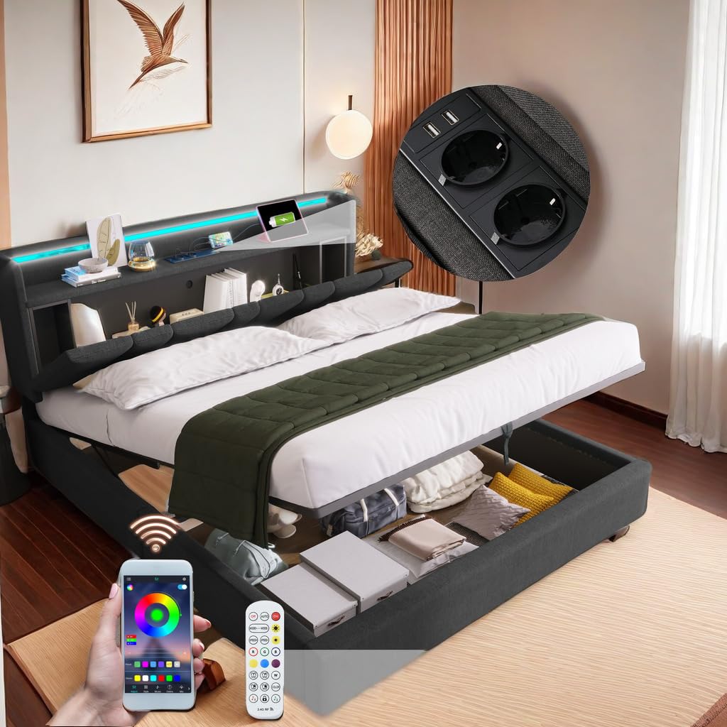 Lit Coffre Lit Adulte Lit Double 160x200 Cm Avec Tête De Lit Rangement, éclairage LED Et Recharge USB - Design à Rivets, 4 Tiroirs -Tissu Coton -beige | Leroy Merlin