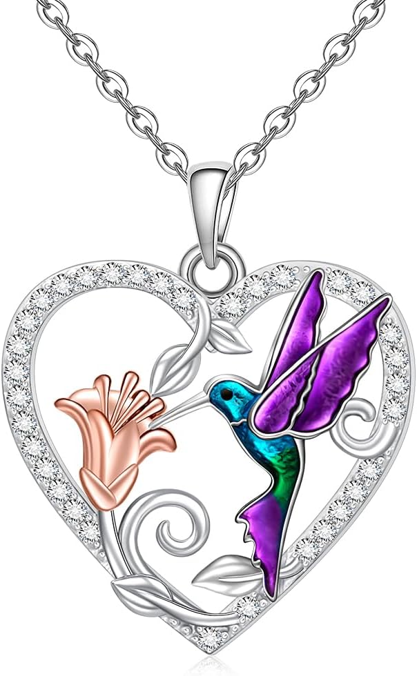 Hummingbird Necklace for Women S925 Sterling Silver Flower Purple Blue Hummingbirds Heart Pendant Jewelry Memorial Mothers Day Christmas Gifts