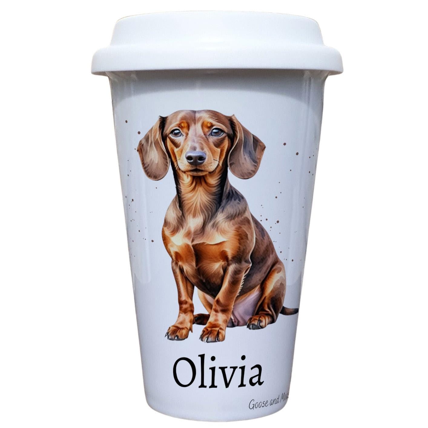 Personalised Dachshund Travel Mug, Gift for Puppy Lover, Thank you present for Dog Owner, Hot Drinks Flask, Insulated Coffee Cup
