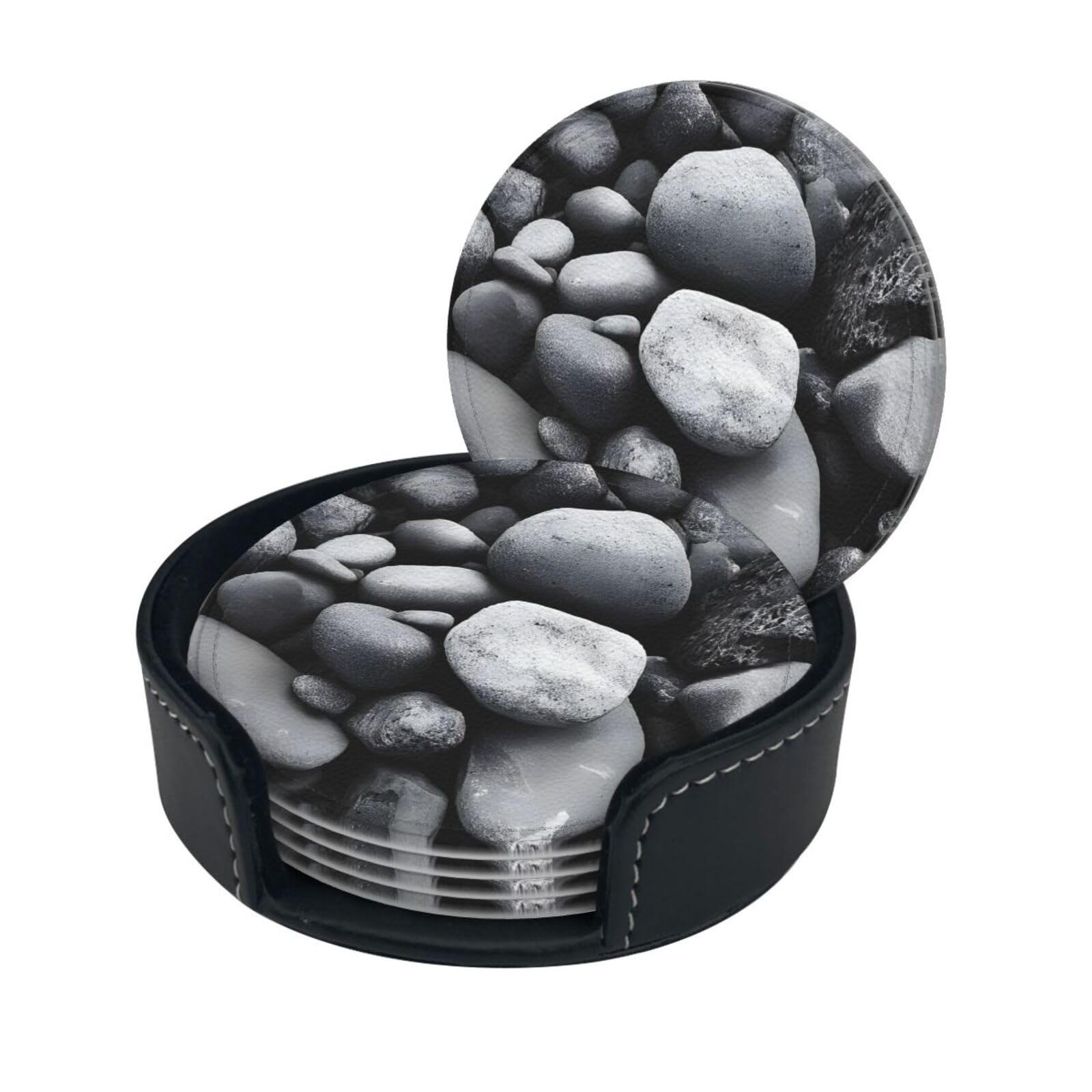 Many Black Pebbles Print Coaster,Round Leather Coasters with Storage Box for Wine Mugs,Cold Drinks and Cups Tabletop Protection (6 Piece)