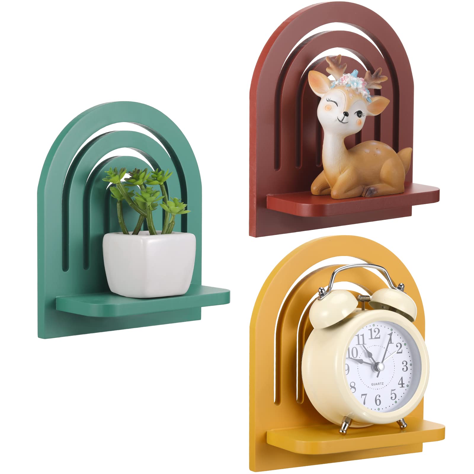 Perthlin Set of 3 Rainbow Wall Shelves for Nursery Kids’ Room Wooden