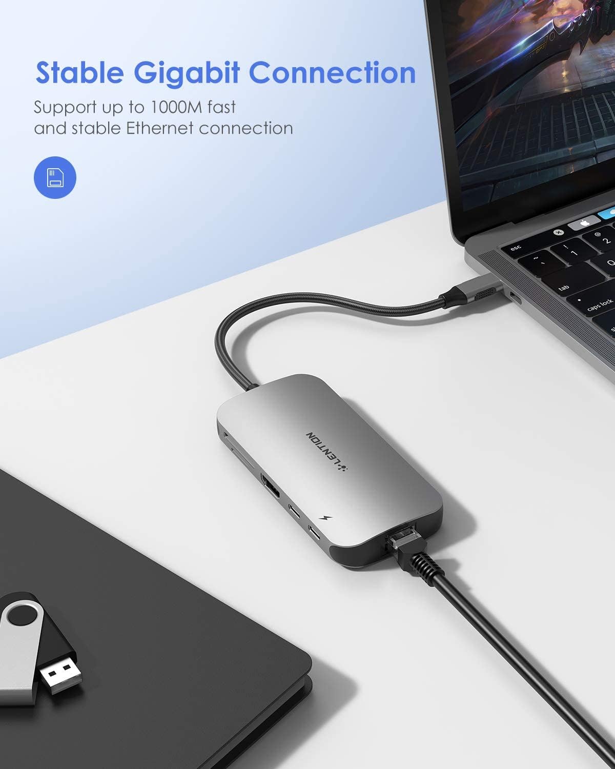 60% Off Discount LENTION USB C Hub with 4K HDMI, Gigabit Ethernet, Card Reader, USB 3.0, Type C Data and Charging Adapter Compatible 2021-2016 MacBook Pro, New Mac Air/Surface, Chromebook, More (CB-CE57, Space Gray)