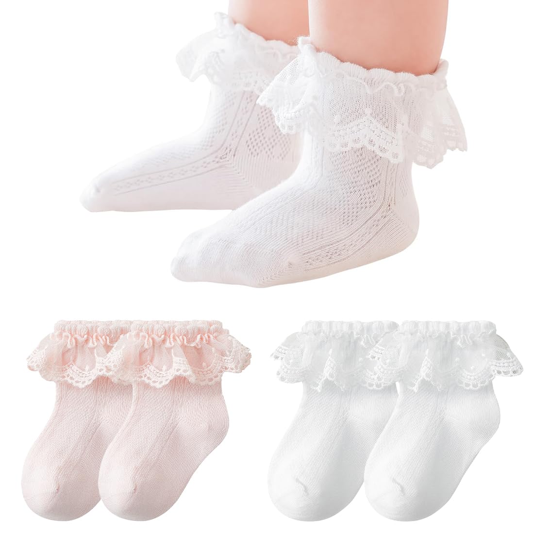 Confezione da 2 calzini in pizzo con volant, per bambini, per la scuola, per bambini, con volant, in cotone, pizzo, per battesimo, occhielli, per neonati