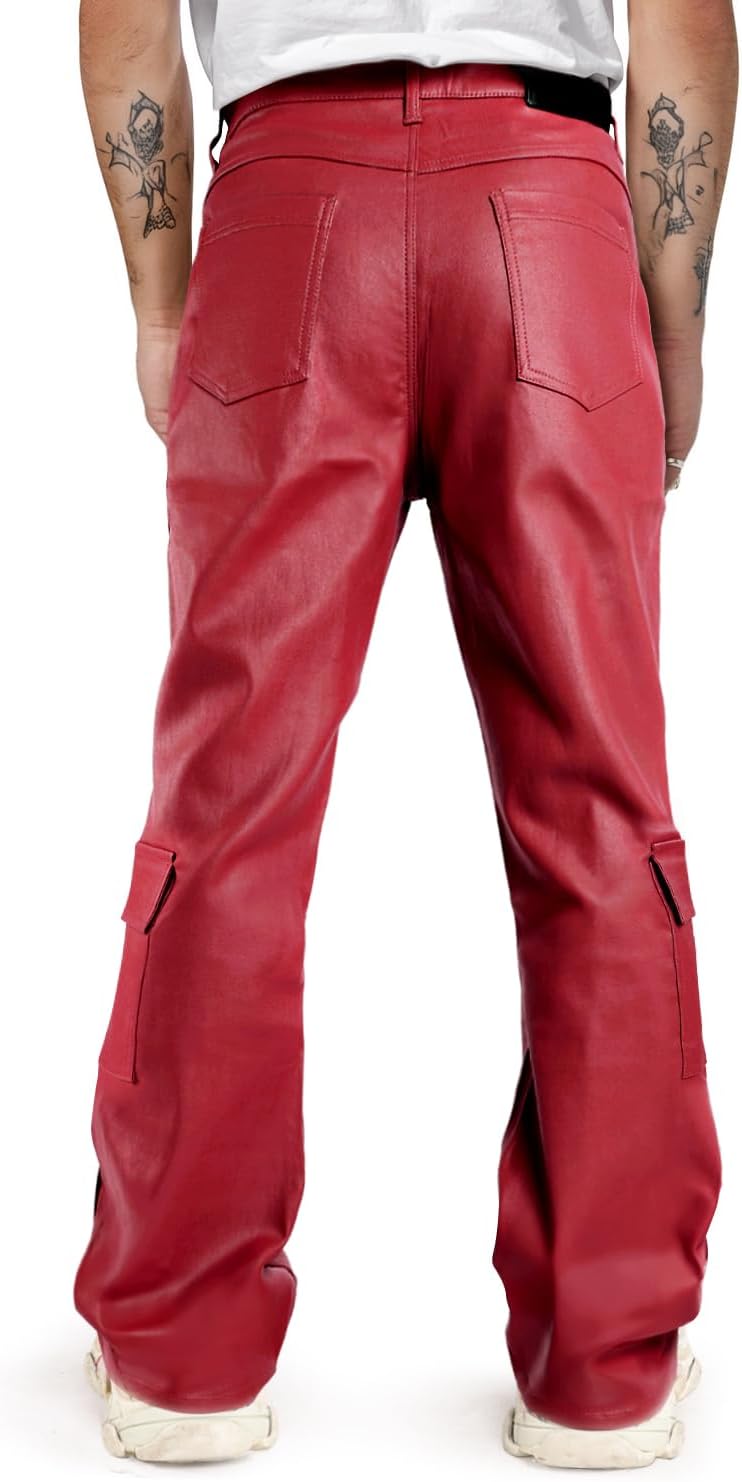 GINGTTO Mens Faux Leather Cargo Pants Flared Bell Bottoms with Pockets for Men 70s Party Pants - Image 2
