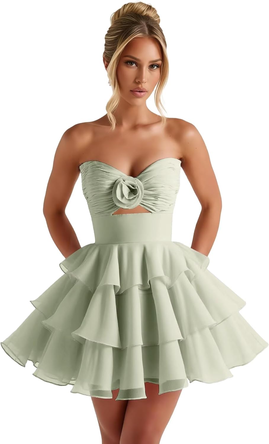 Fashionbride Strapless Tiered Homecoming Dresses Short Corset Prom Dress A Line Organza Ruffle Cocktail Party Gown AP68