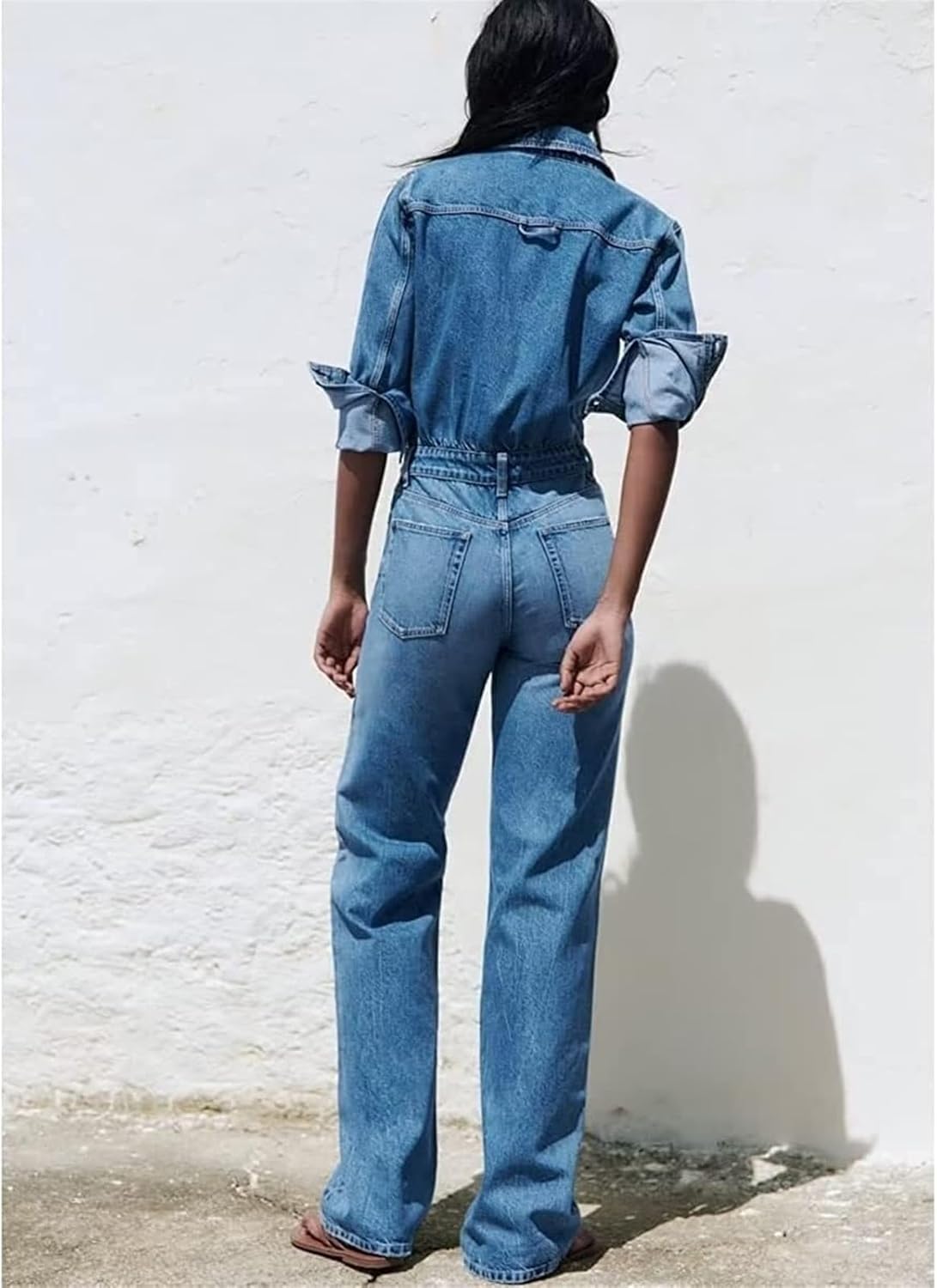 Damskie Dżinsowe Kombinezony Wysoki Stan Długi Rękaw Dżinsowy Kombinezon Slim Fit Guzik Luźne Spodnie Dżinsowe Pajacyki, Blue, S