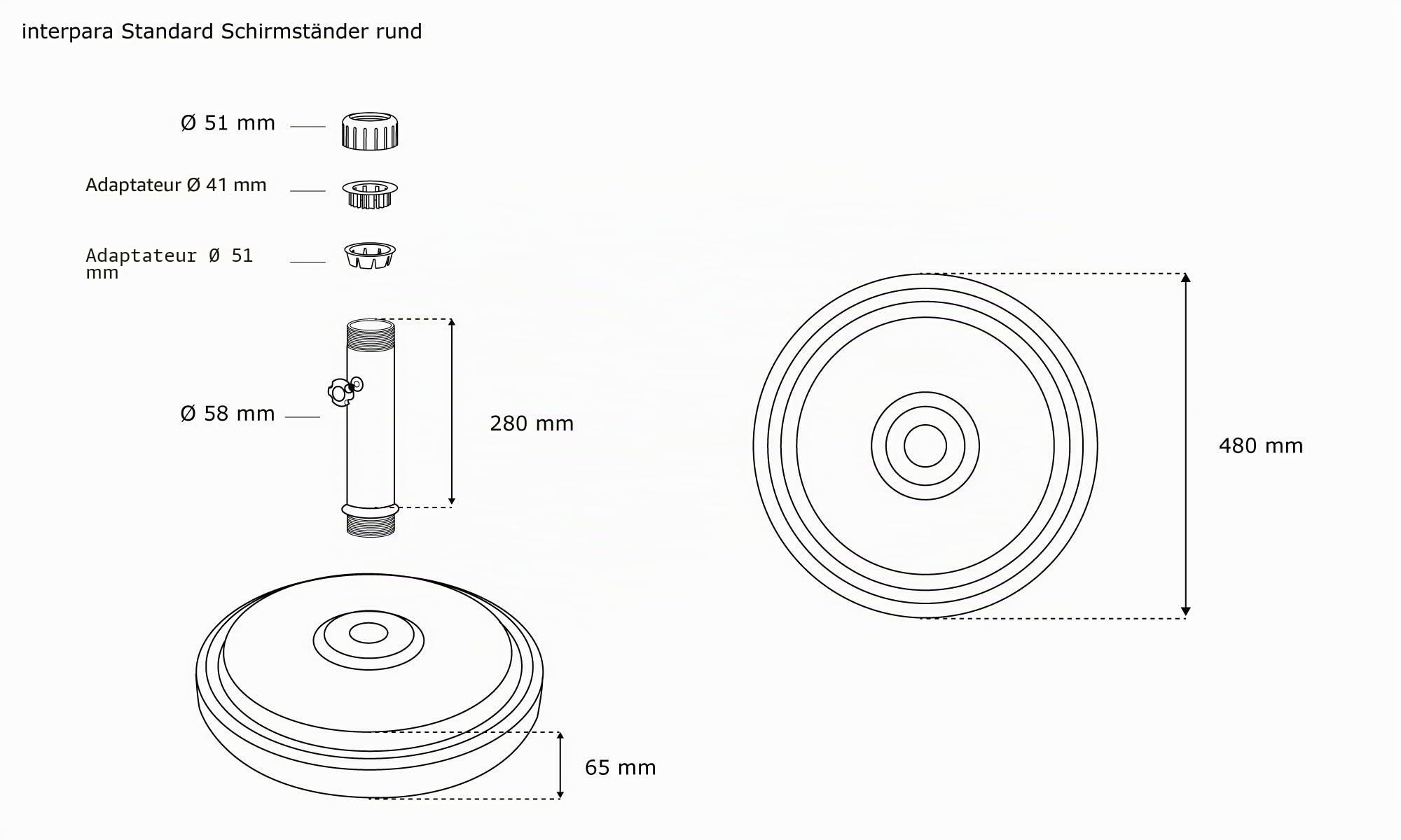 paramondo Pied de parasol Standard Rond, Noir, En Béton Polymère, Pour mât jusqu'à Ø 50mm, Douilles D'adaptation Incluses