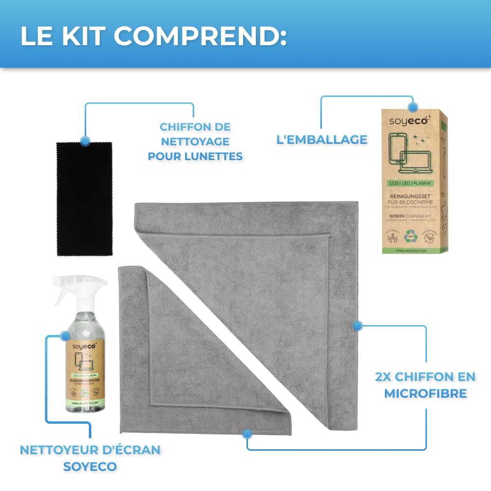 Spray nettoyant pour écran 500ml + 3 chiffons microfibres | Fluide nettoyant | Pour smartphones, ordinateurs portables, tablettes, téléviseurs, écrans LCD/TFT, LED, OLED, montres | Sans taches