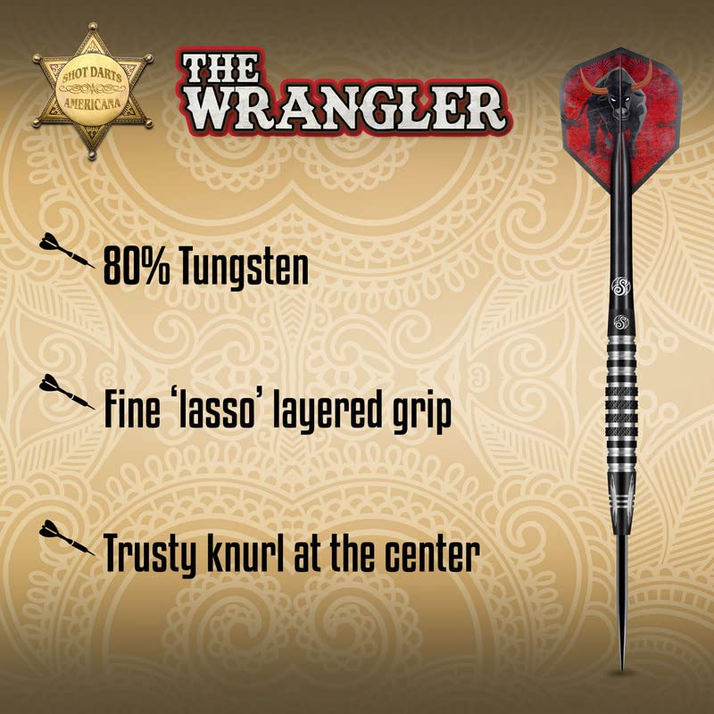 Shot! Darts Steel Tip, Americana Wrangler (23g/24g/25g), 80% Tungsten Barrel, Center Balanced, Handcrafted Professional Dart Set & Flights Made in New Zealand, Metal Tip for Bristle Dartboard