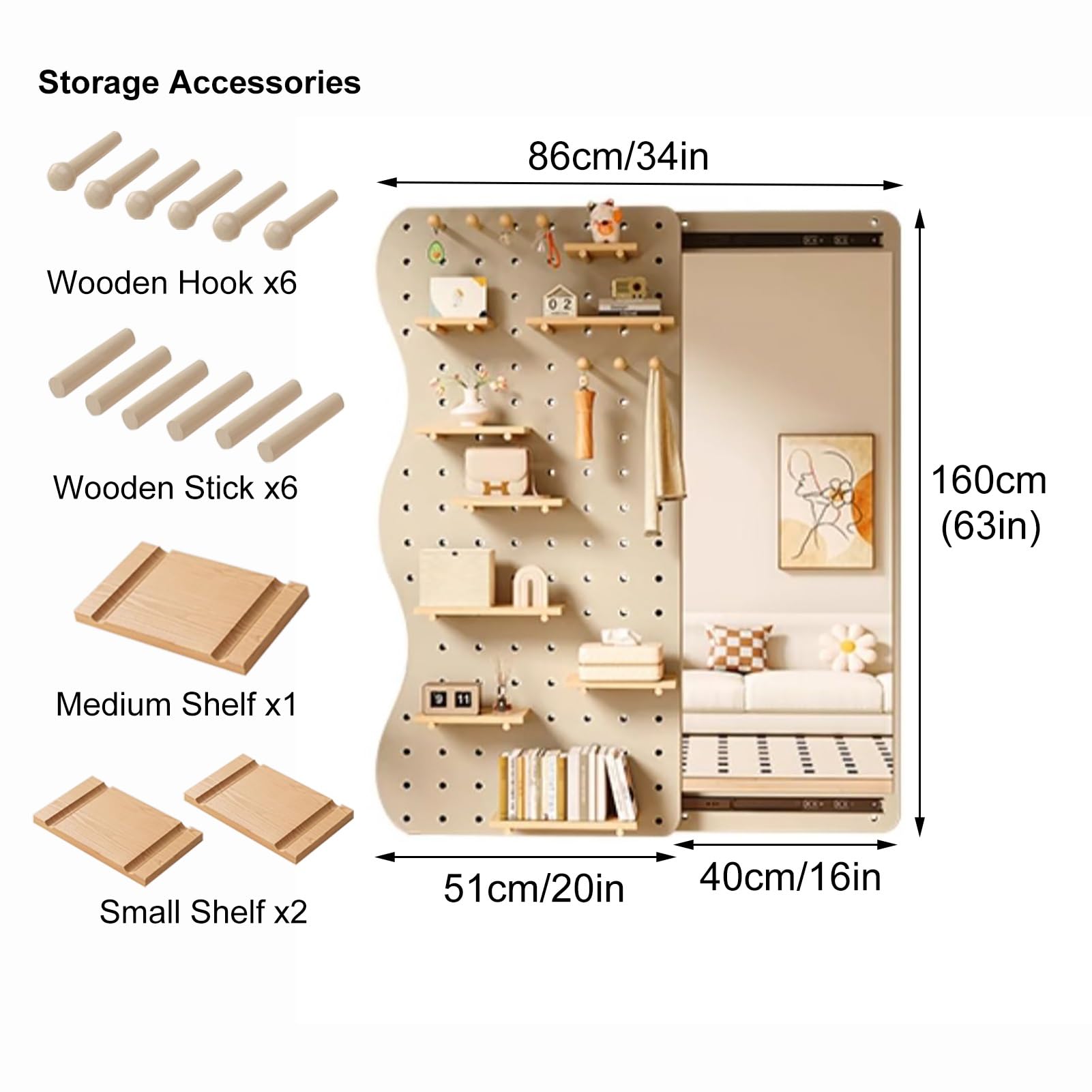Stecktafel Wand Organizer mit Unsichtbarem Ganzkörperspiegel, Lochplatte Holz, Werkzeugwand, Pegboard, Lochwand, Werkstattwand(White,160x40cm/63x16in)