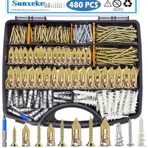 Image of 480 PCS Self Drilling Drywall Anchors Kit with Screws - 4 Sheetrock Anchors & 5 Screw Sizes (2026 Upgraded), No Drill Needed, Zinc Plated Steel and Plastic, Heavy Duty Wall Anchors