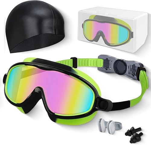 Miniatura 16 de Gafas de natación para niños, antivaho, protección UV y amplia vista & gorro de natación para niños de 3 a 15 años, niños y niñas, bebés Negro