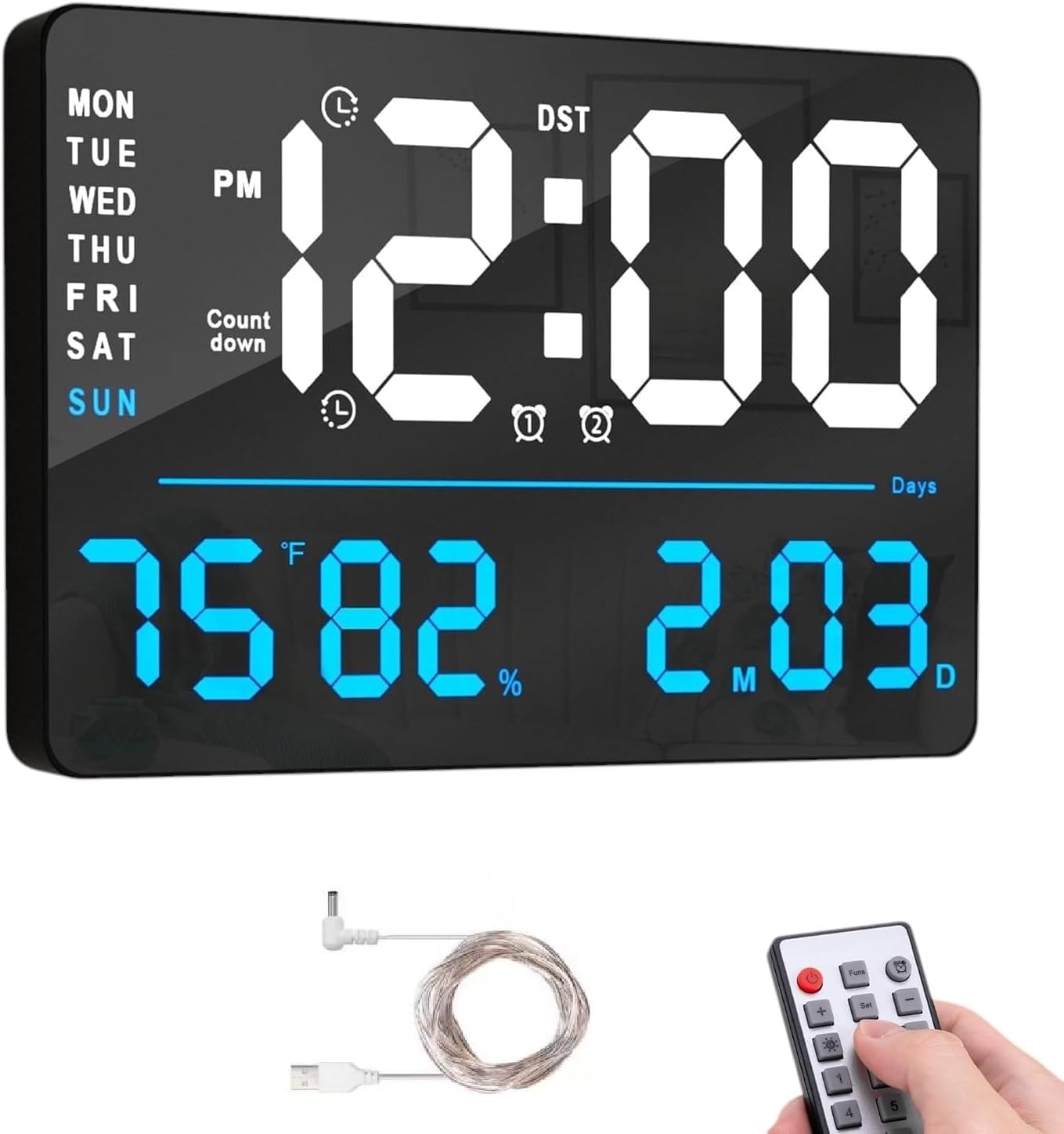16" Large-Digital-Wall-Clock Large Display with Remote Control, Automatic Brightness Alarm Clock with Temperature, Date, Week for Living Room Office Decor (16" Square White & Blue)