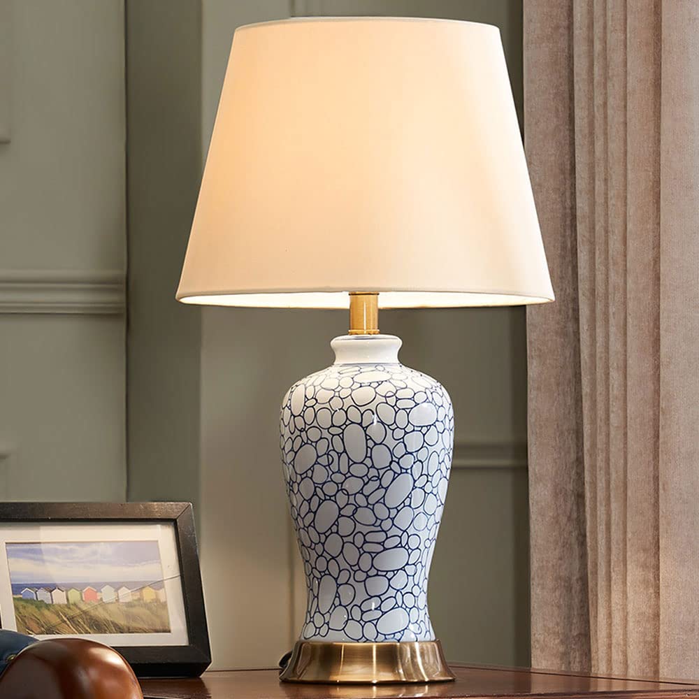 asdchZen 23.6In Blue Pebble Glazed Ceramic Table Lamps American Blue And White Ceramic Bedside Desk Nightstand Lamp For Bedroom Living Room