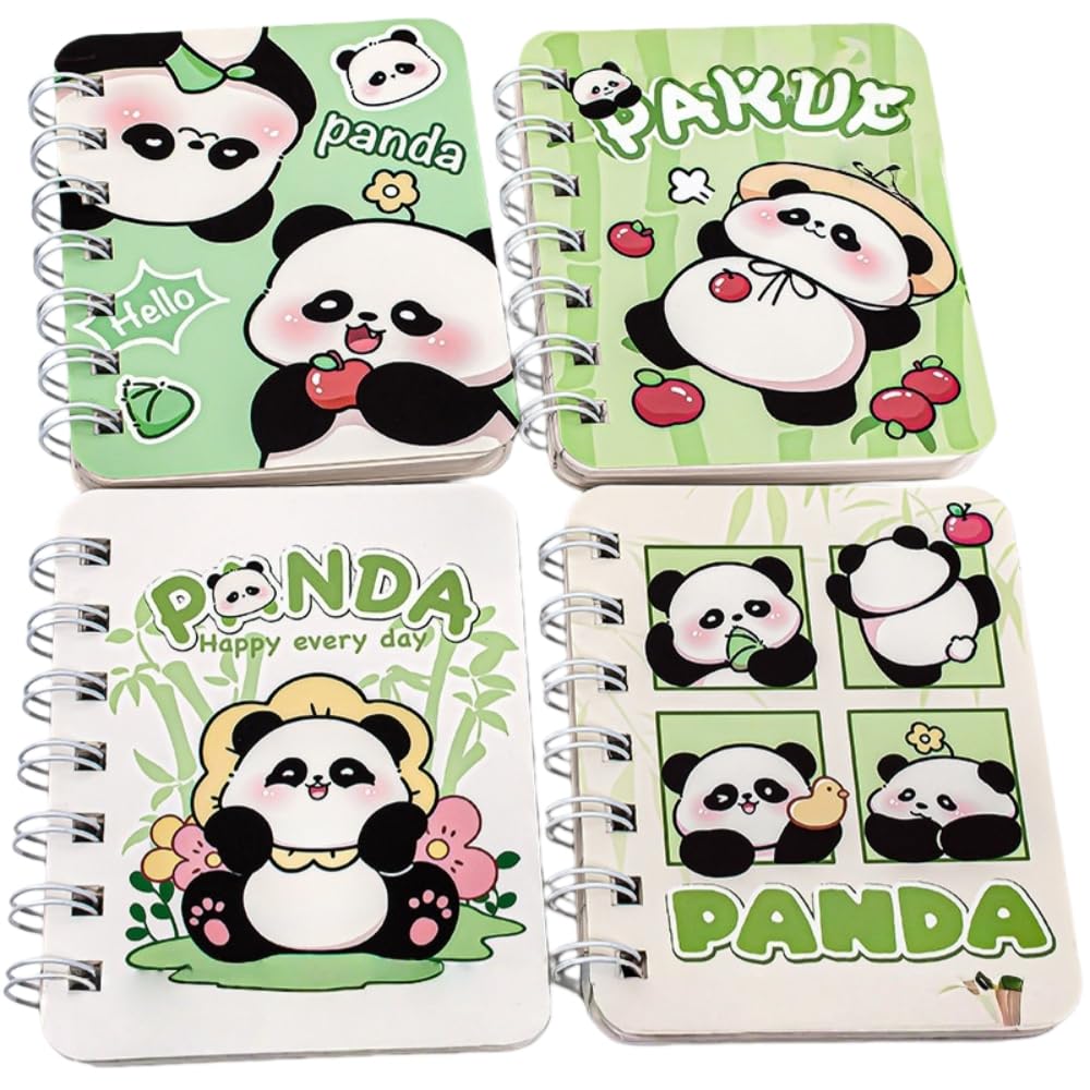 FEIFEI'S BOW 4PCS cute unicorn bus Notebook Wirebound Small Mini Pocket Journal Diary for Girls Boys Kids Gift Spiral bound A7 Lined Notebook Writing Drawing Notepad (Pandas)