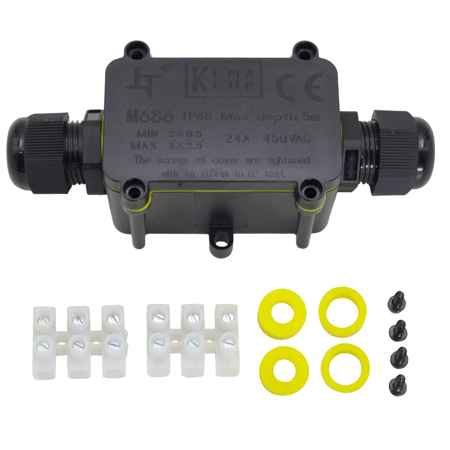 Casoter 2-Way Outdoor IP68 Waterproof Junction Box, Line M20 Cable Connector Wire Range 4-8mm & 6-11mm Power Cord External Sleeve Coupler Protection Box with 2Pcs 3-Pin Terminals