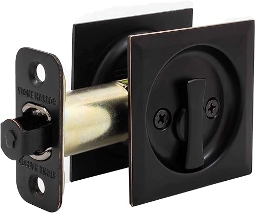 Miniatura 3 de Stone Harbor Hardware Cerradura de puerta de bolsillo cuadrada contemporánea, función de privacidad, fondo de 2-38", bronce vintage