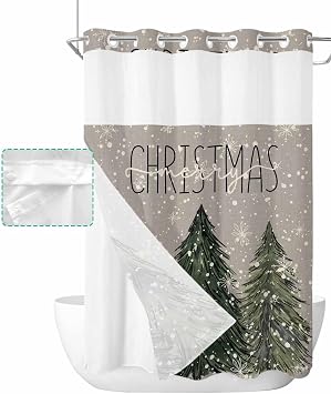 Christmas No Hook Shower Curtain with Snap in Liner Waterproof Fabric Shower Curtain Set for Bathroom Winter Vintage Green Xmas Tree Snowflake Gray Shower Curtain with See Through Top Window 72"x84"