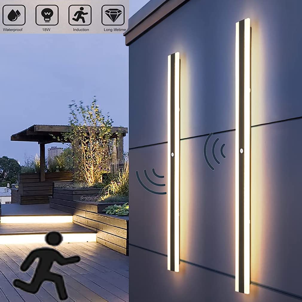 Zewnętrzne długie lampy ścienne LED, kolor czarny, z czujnikiem ruchu, patio lub wewnątrz, IP65, wodoszczelne, ciepłe białe światło 3000K, nowoczesne oświetlenie ścienne