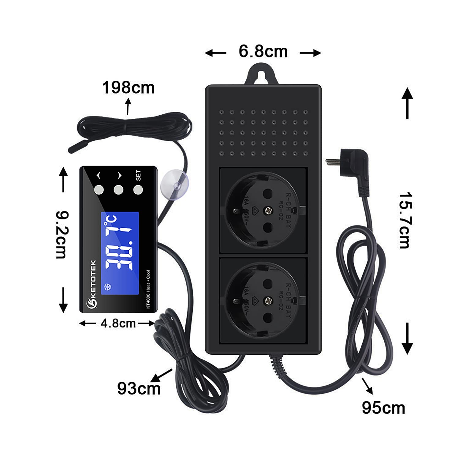 Dimensions of the KETOTEK KT4000 controller and its components, including the display and probe.
