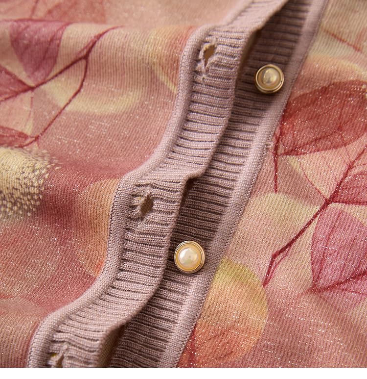 Generico Cardigan per Donne Anziane, Maglione di Mezza età Foderato in Pile, Cardigan in Maglia Fine, Girocollo, Nonna, Morbido E Caldo, Foglie Jacquard, Top Casual per Signora Anziana, per Autunno