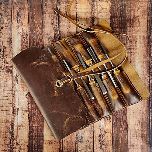 Rustic Town Leather Tool Roll Up Pouch - 12 Slots Portable Leather Tool Carry On Pouch, Vintage Handmade Wrench Roll/Chisel Storage Organizer Bag #TOP5