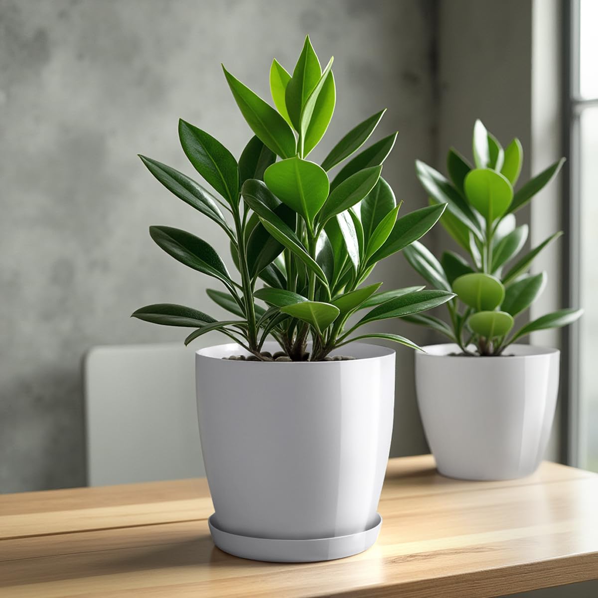 KADAX Blumentopf, Pflanzkübel-Set mit Untersetzer, Blumenkübel aus Kunststoff, runder Pflanztopf für Innenbereich, Übertopf für Blumen und Zimmerpflanzen, Kräutertopf (Set of 3 – 28cm, grau)