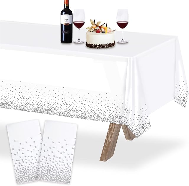 2pcs Plastic Gold Dot Table Cloth, 54" x 108" Disposable Waterproof Table Cover, Rectangular Party Tablecloth for Birthday Party Anniversary Wedding (White-Silver)