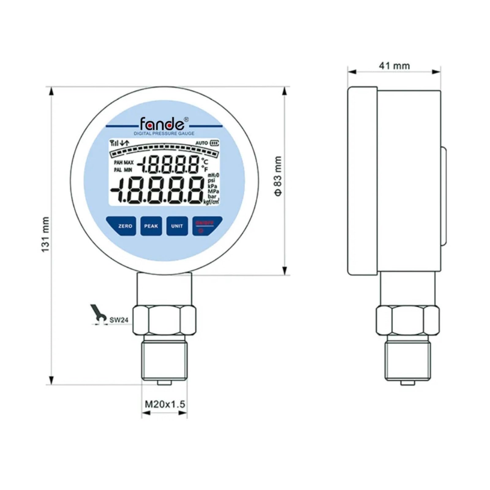 Edelstahl-Manometer, 80-mm-Membran, digitales Luft-Öldruck-Flüssigkeitsmanometer, Genauigkeit 0,5% FS(0-16MPa)