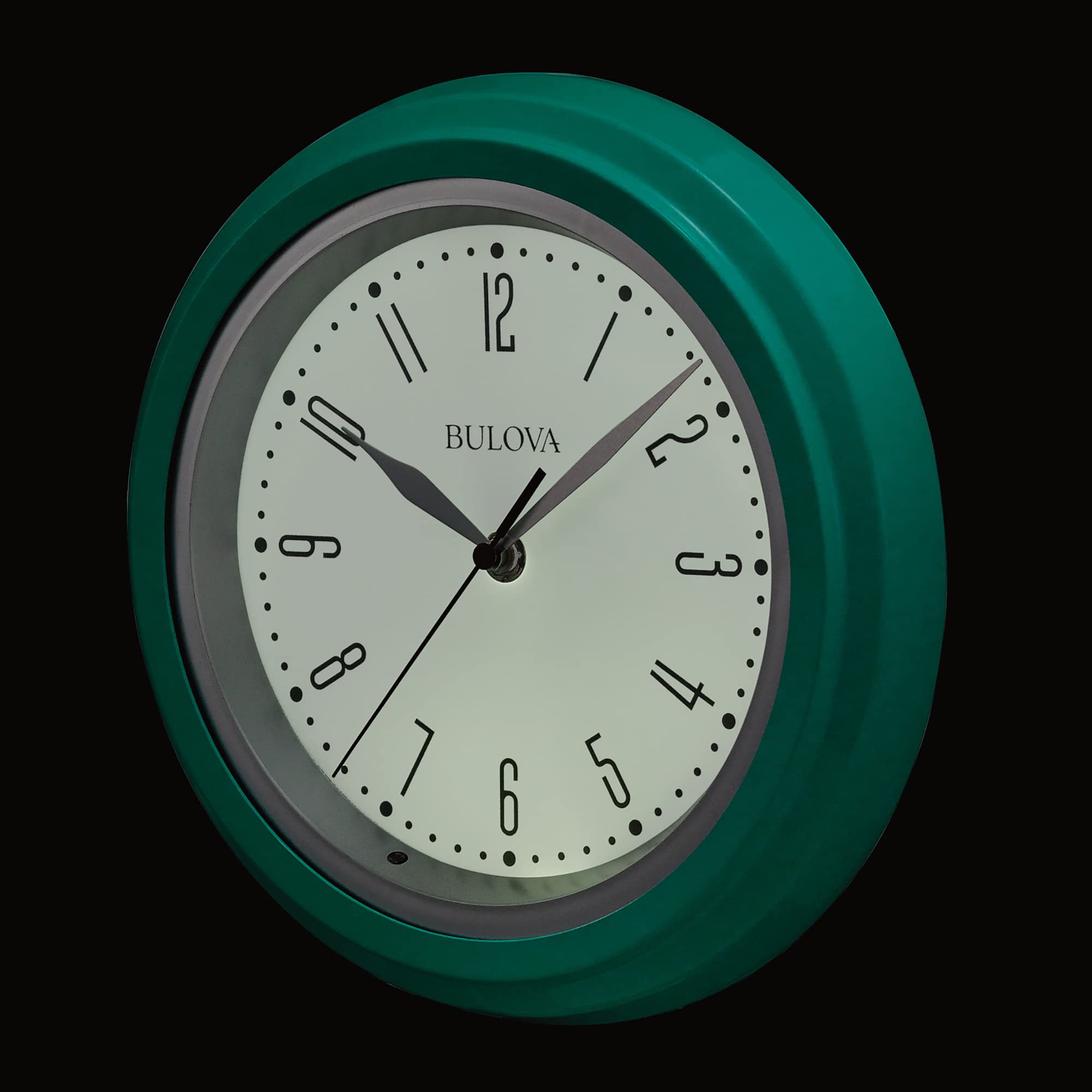 Bulova Clocks C4892 Darian - Reloj de pared decorativo moderno con esfera trasera, luz trasera totalmente iluminada, manecilla silenciosa, color verde azulado