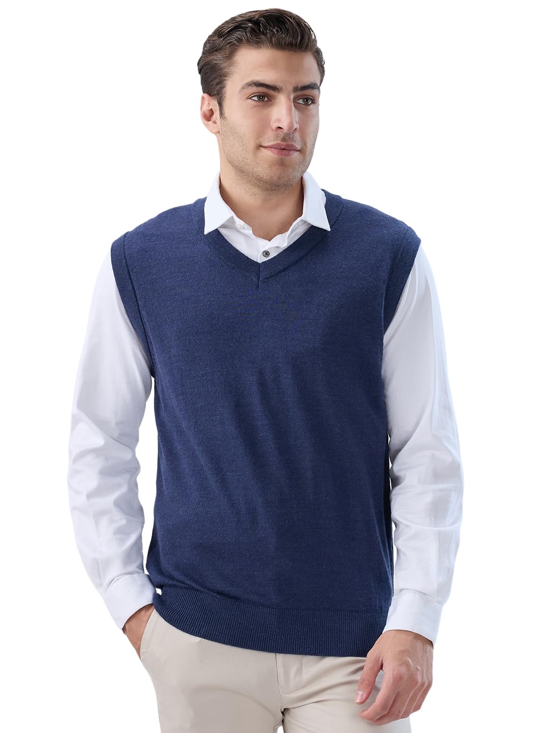 colorplus Men Regular Fit Solid Pattern Merino Wool Acrylic Blend Sleeveless V Neck Casual Sweater-picture-18