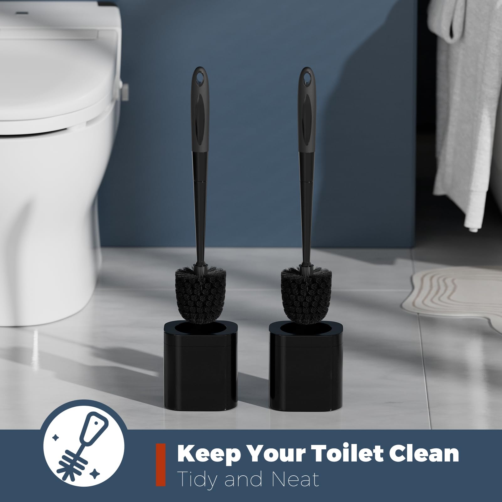 Holaloha Scopino per WC, confezione da 2 scopino e supporto, accessori da bagno, scopino e supporto per bagno, nero