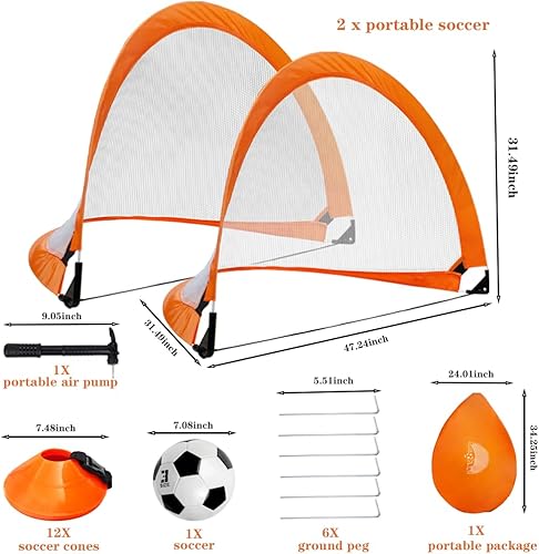 Miniatura 2 de Juego de porterías de fútbol desplegables, 2 de 4 x 2.5 pies con fútbol y 12 conos de fútbol deportivos, redes de fútbol portátiles para niños,