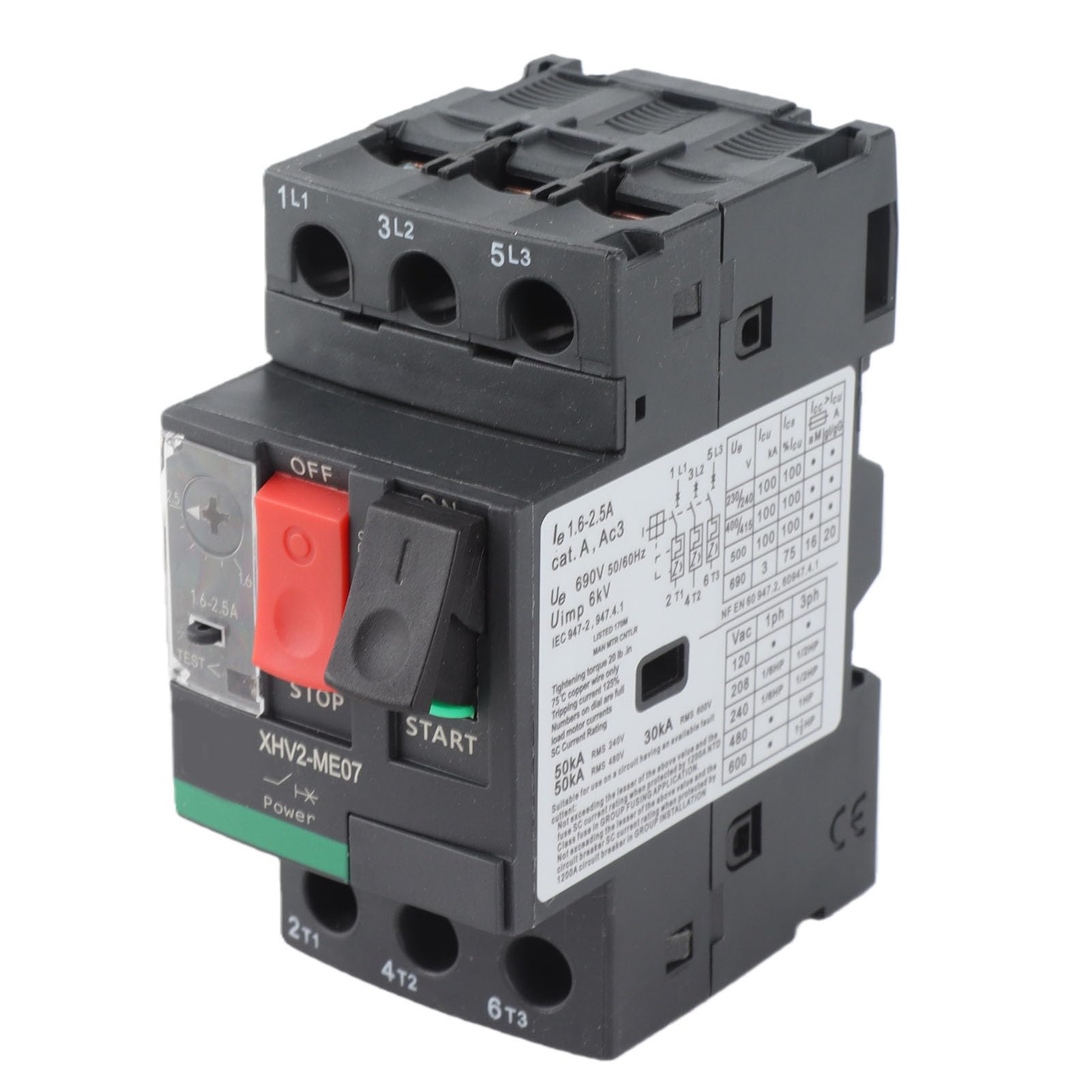 Disyuntor de Motor 3P 1.6-2.5A AC690V, Protección para Motor con Retardante de Llama, Montaje en Riel Guía de 35 mm, Interruptor de Circuito Trifásico para Control de Carga Industrial
