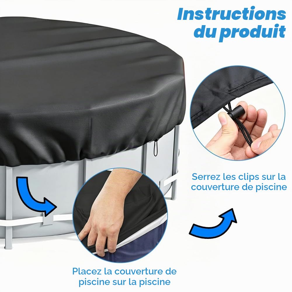 Bâche de piscine ronde - 366 cm - Avec cordon de serrage et clous de sol - Bâche de piscine ronde - Coupe-vent - Imperméable à la pluie - Résistante à la poussière - En tissu Oxford