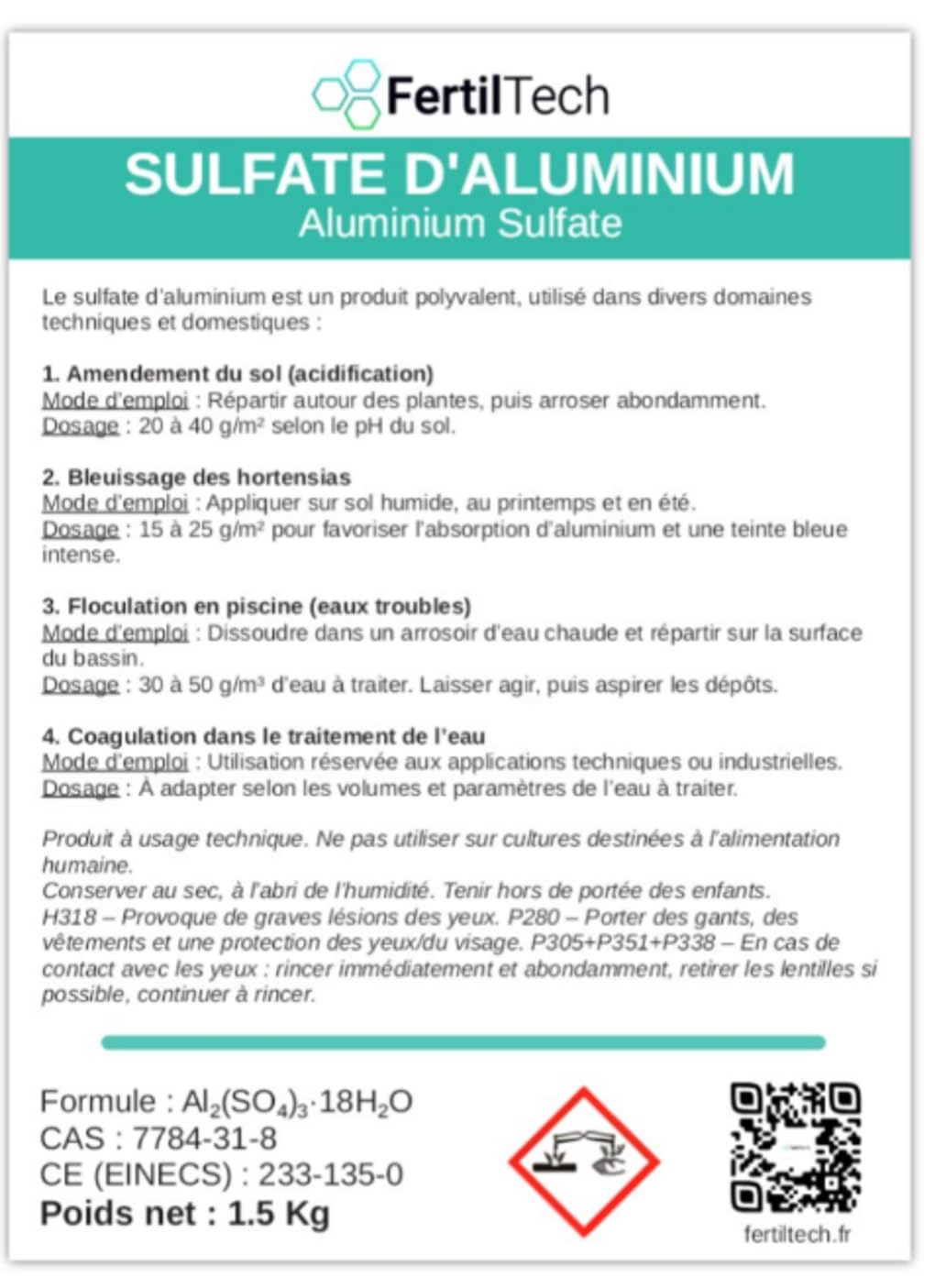 Sulfate d'Aluminium 1.5 kg – Amendement Minéral Polyvalent, Réducteur de pH pour Hortensias Bleus, Sols Acides